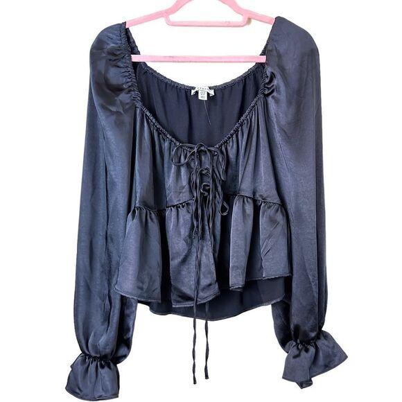 Top Shop Black Satiny Puffed Sleeve Blouse Size 10 - Picture 7 of 14